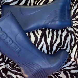 Sorel wedge rain boots, navy blue.
